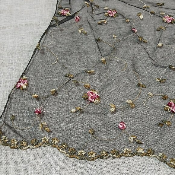 Black Tulle Pink Rose All Over Embroidery Scarf - Picture 7 of 7